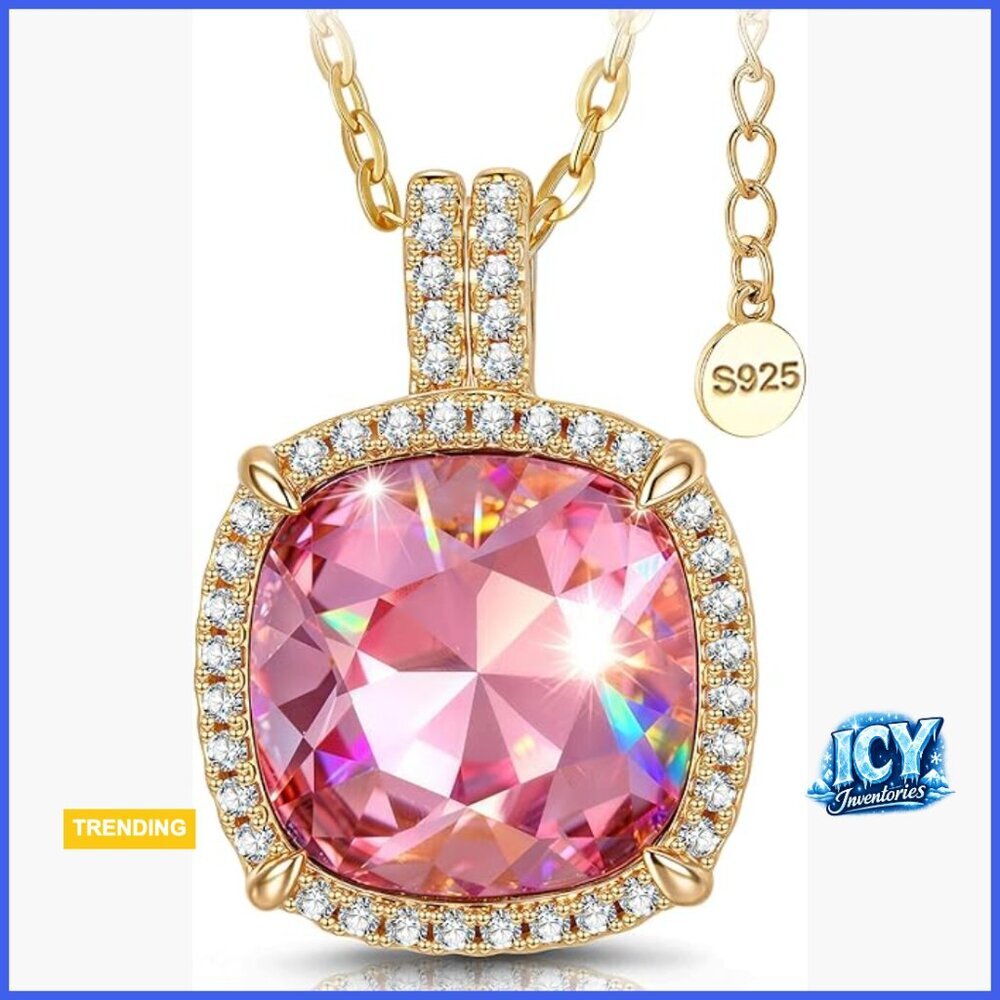 925 Sterling Silver Necklace with Swarovski Crystals, Adjustable Chain, Pink